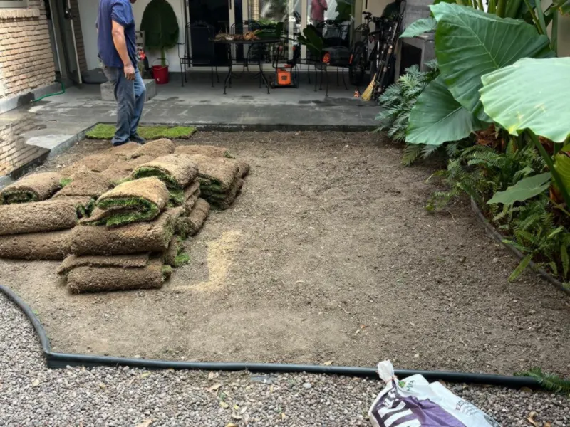 Rollos de pasto listos para instalar sobre el terreno preparado