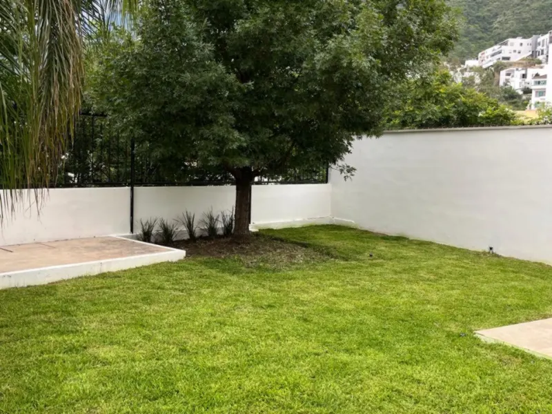 El mismo patio con el jardín terminado y el pasto ya establecido